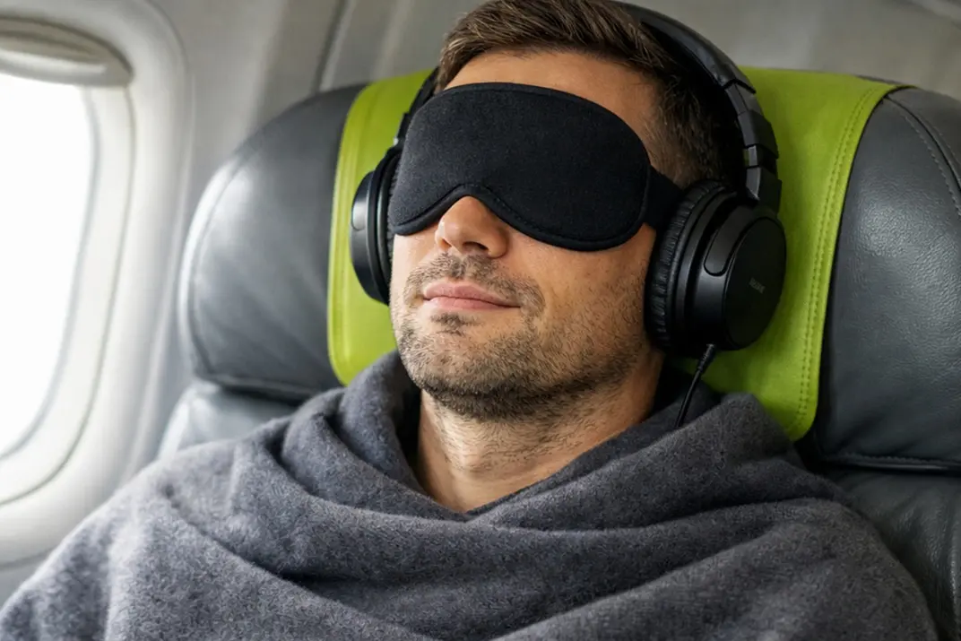 мужчина в наушниках, берушах и маске для сна сидит на кресле самолета S7 Airlines