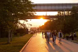 Люди гуляют на закате в парке на фоне моста